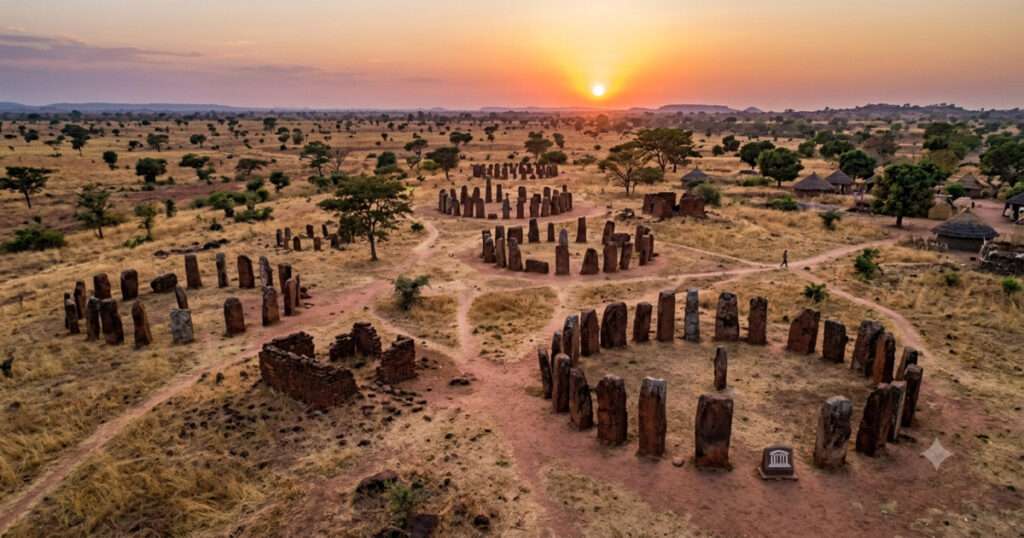 アフリカのサバンナに佇む、セネガンビアのストーン・サークル遺跡群の神秘的な風景。夕暮れ時の柔らかな光に照らされた、垂直に立つ巨石（メガリス）の柱。