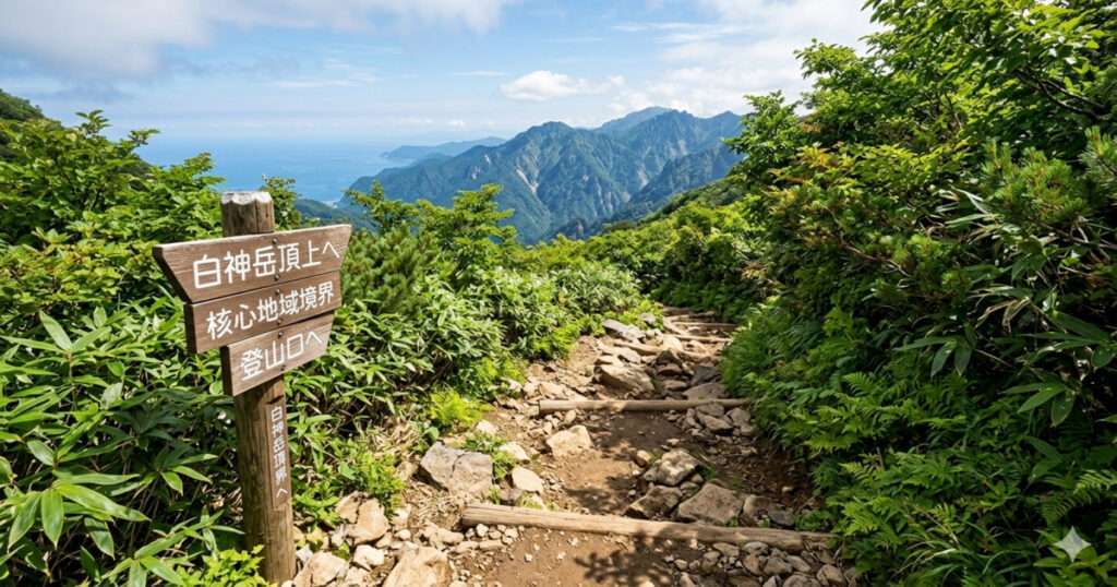 白神岳の山頂付近へ続く本格的な登山道。ゴロゴロとした岩や木の階段があるタフな急坂の尾根ルートです。手前左側には「白神岳頂上へ」「核心地域境界」と書かれた木製の案内看板が立っています。周囲は低い低木や笹に囲まれており、奥には世界遺産核心地域の険しい山並みと、左奥には青い日本海の水平線が広がっています。