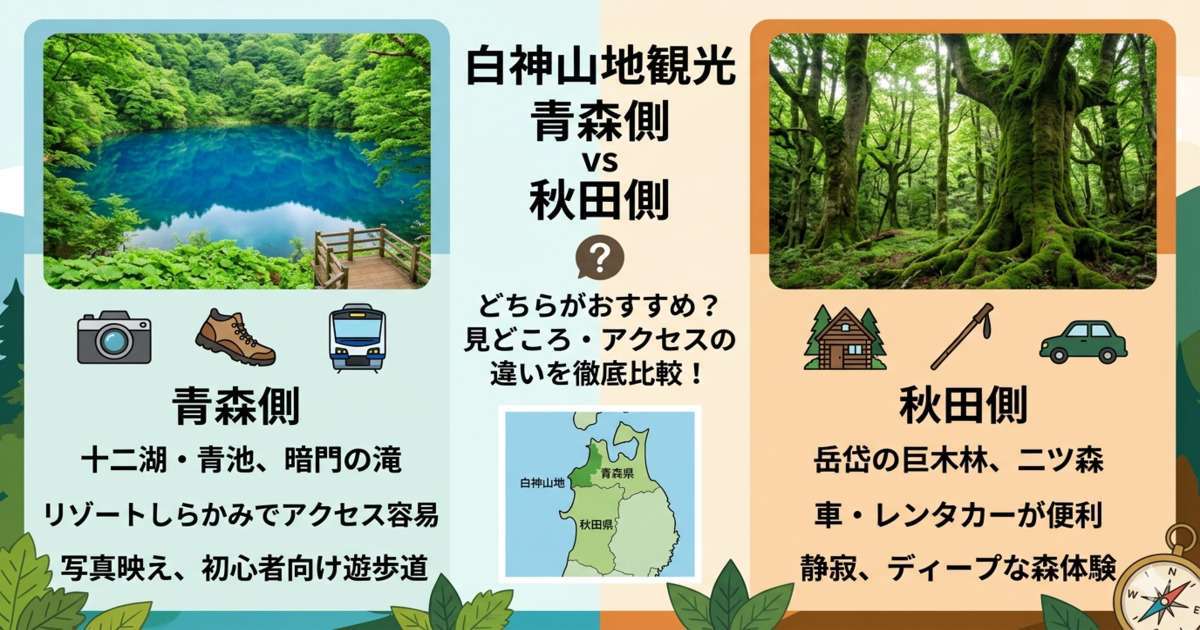 白神山地観光の青森側と秋田側の比較インフォグラフィック。左側に青森側の象徴「青池」の写真とリゾートしらかみ・写真映えのアイコン、右側に秋田側の象徴「岳岱の巨木林」の写真と車・ディープな森林体験のアイコンを配置し、中央に位置関係を示す地図が描かれています。