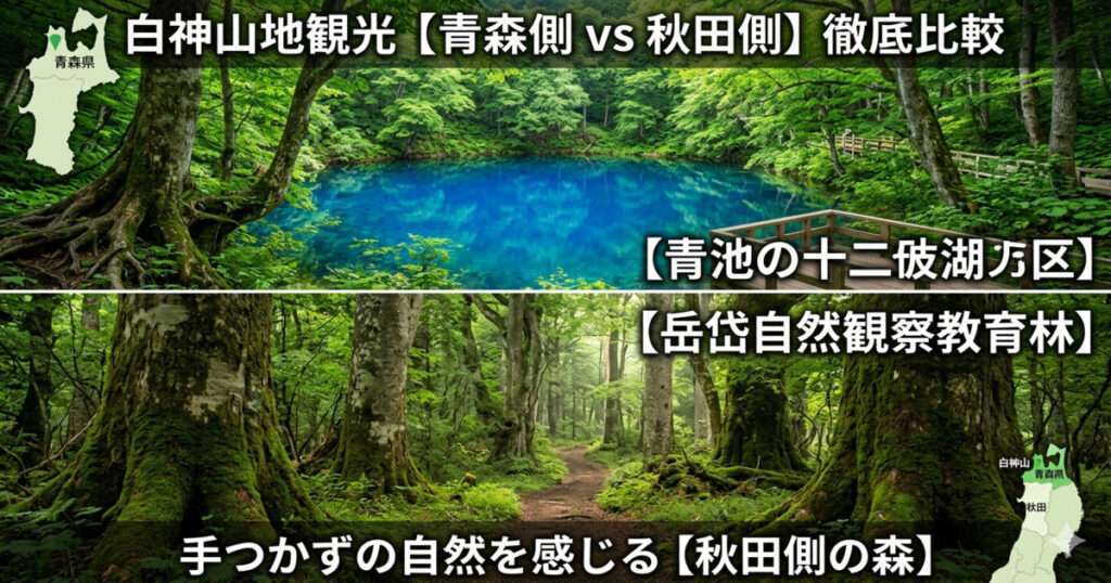 白神山地の観光比較画像。上半分は青森県の「十二湖・青池」で、コバルトブルーに輝く神秘的な池と周囲のブナ林。下半分は秋田県の「岳岱自然観察教育林」で、苔に覆われたブナの巨木が立ち並ぶ深い原始の森。