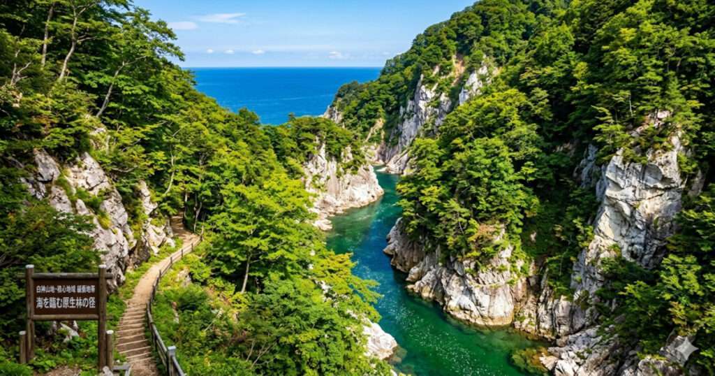 白神山地のダイナミックな自然。手前には緑豊かなブナの森と渓谷を流れるエメラルドグリーンの川、その奥には白い岩肌の断崖絶壁と、どこまでも続く真っ青な日本海が広がっている風景。左下には木製の案内看板と遊歩道の階段が見える。