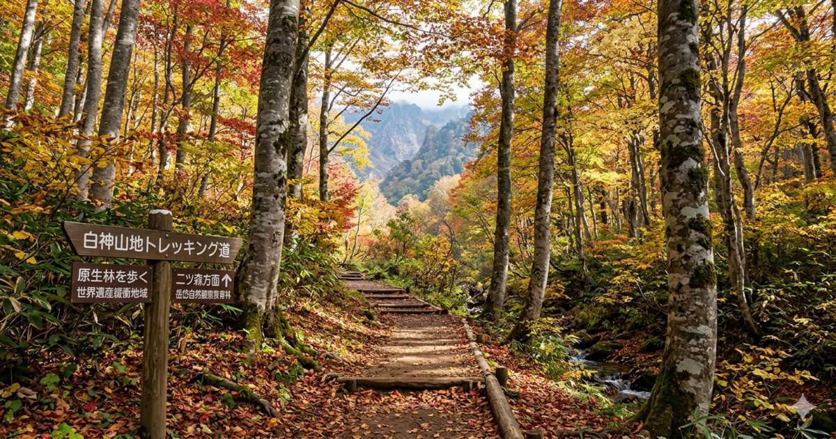 紅葉に染まる白神山地のトレッキングコース。木漏れ日が差し込む鮮やかな黄や赤のブナ原生林の中に、整備された木造の階段と遊歩道が奥へと続いています。手前左側には「白神山地トレッキング道」と書かれた木製の案内看板があり、右側には小さな渓流が流れています。遠くにはうっすらと山並みが見えます。