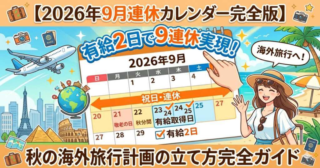 「2026年9月連休カレンダー完全版 有給2日で9連休実現！ 秋の海外旅行計画の立て方完全ガイド」というテキストが入ったブログアイキャッチ画像。中央に2026年9月のカレンダーが描かれ、「敬老の日」「秋分の日」に続く平日に「有給取得日」のチェックが入っています。背景には飛行機や地球儀、エッフェル塔などの観光地、リゾート地のビーチと笑顔の女性が描かれています。