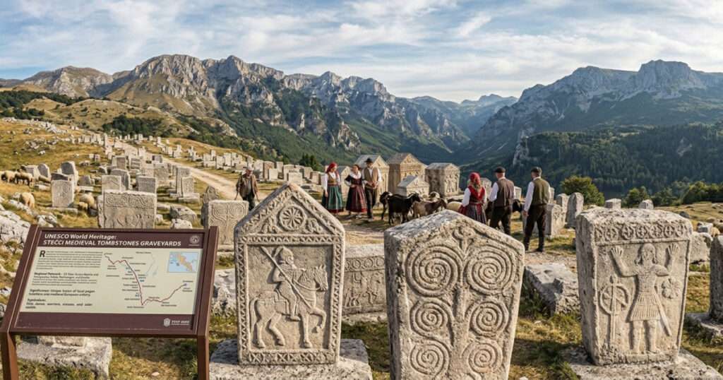 バルカン半島の険しい山々を背景に広がる、ユネスコ世界遺産の「中世墓碑ステチュツィの墓所群」。精緻な彫刻が施された石の墓碑（ステチュツィ）が並び、伝統的な衣装を着た人々がその間を歩いている様子。