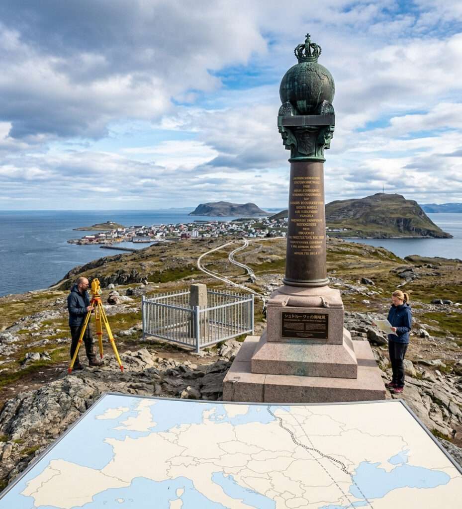 ノルウェー、ハンメルフェストの小高い丘に立つ、シュトルーヴェの測地弧の象徴的な子午線柱「メリディアンス・トッテン」。その隣で、男性が測量機器（セオドライト）を使用し、女性が地図を見ている。足元には、測地弧が通る北欧から東欧までの国々を示す大きな解説地図がある。