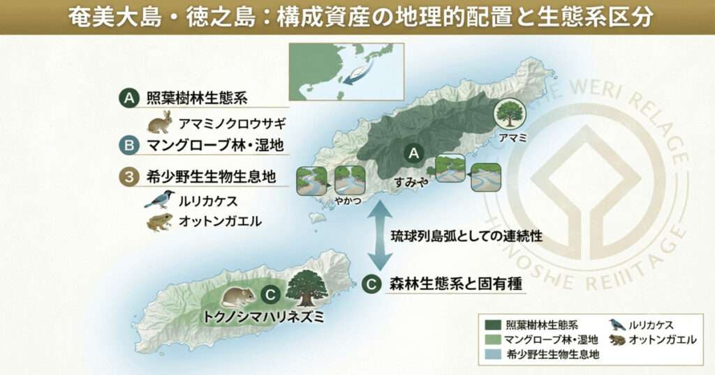 奄美大島と徳之島の地理的配置、主要な構成資産（照葉樹林、マングローブ林、希少野生生物生息地）の分布、および両島の生態学的連続性をまとめた世界遺産検定1級対策用イラストマップ。