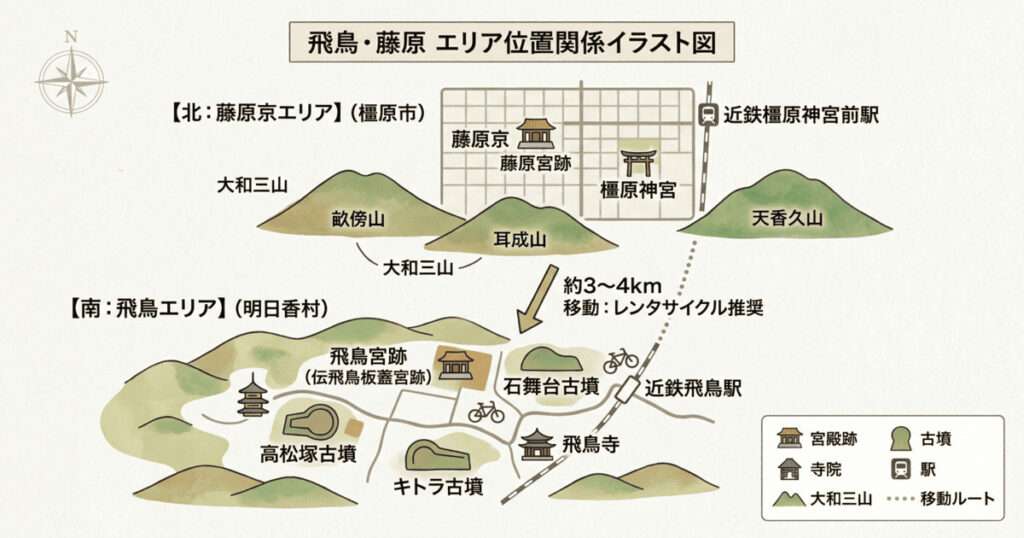 飛鳥・藤原エリアの位置関係を示す観光イラストマップ。北側の藤原京エリア（藤原宮跡、大和三山）と南側の飛鳥エリア（石舞台古墳、高松塚古墳、キトラ古墳、飛鳥宮跡）が描かれ、両エリアが約3〜4kmの距離で、レンタサイクル推奨の移動ルートで結ばれている。