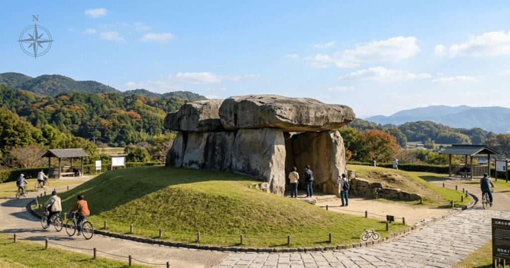 奈良県明日香村にある石舞台古墳の景観。巨大な30個の巨石が積まれた、露わになった横穴式石室の天井石が、緑豊かな丘陵地と青空を背景に立っている。手前の遊歩道にはレンタサイクルが置かれ、巨石のスケール感を強調している。