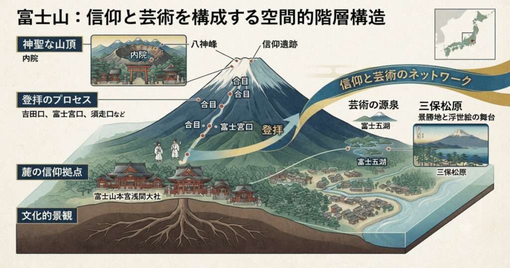 富士山の山岳信仰（登拝）と芸術的影響（浮世絵など）のネットワーク、および構成資産（浅間大社、富士五湖、三保松原）をまとめた世界遺産検定1級対策用の図解。