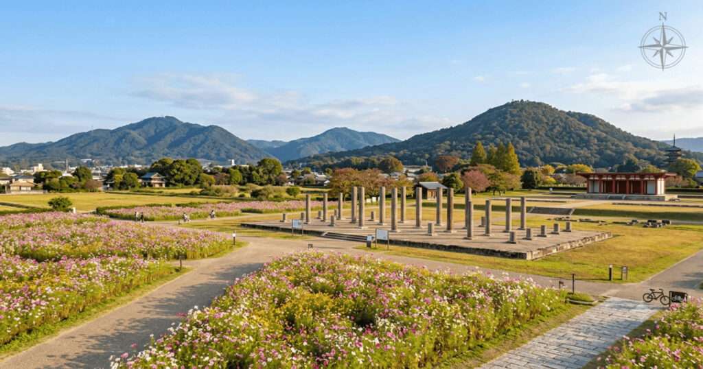 奈良県橿原市にある藤原宮跡の広大な秋の景観。手前にはピンク、白、黄色のコスモスが咲き誇る花畑と遊歩道が広がり、その奥に復元された宮殿の遺構（木柱や基壇）が並んでいる。