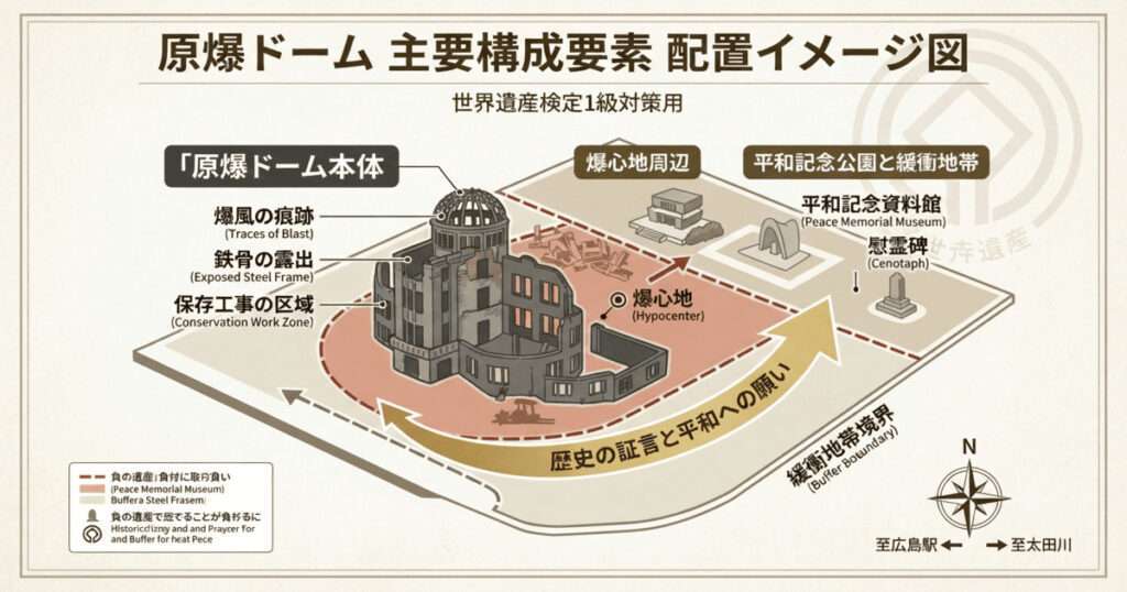 原爆ドームと平和記念公園の配置図。爆心地周辺の環境、平和記念資料館との位置関係、保存管理区域を示した世界遺産検定対策用の図解。