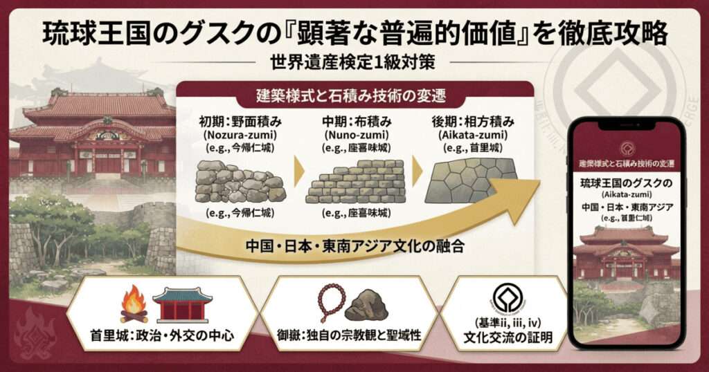 首里城を中心とした琉球王国のグスク群における、野面積みから相方積みへの石積み技術の変遷と、中国・日本・東南アジアとの文化融合をまとめた世界遺産検定1級対策用の図解。