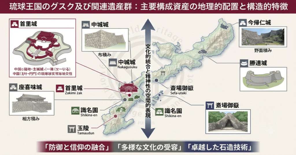 沖縄本島における主要なグスク（首里城、今帰仁城、中城城、勝連城、座喜味城）と関連遺産（斎場御嶽、識名園、玉陵）の地理的配置、および防御と信仰の融合をまとめた世界遺産検定1級対策用イラストマップ。