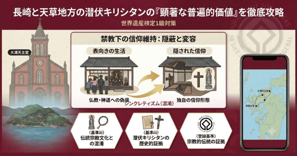 大浦天主堂と、長崎・天草の潜伏キリシタン集落、そして絵踏やメダイを用いた信仰の隠蔽プロセスをまとめた世界遺産検定1級対策用の図解。
