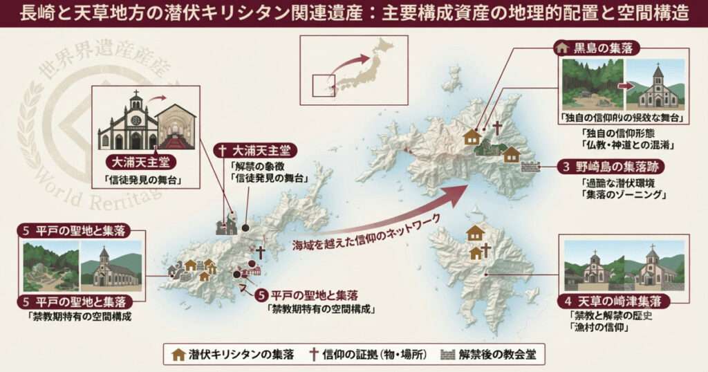 禁教下における潜伏キリシタンの信仰維持と変容（仏教・神道との混淆）を、大浦天主堂と関連集落の地図、具体的な隠蔽アイテム（マリア観音像など）を交えてまとめた世界遺産検定1級対策用の図解。