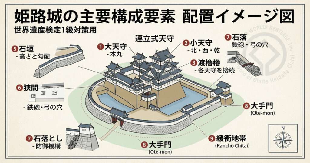 「姫路城の主要な構成要素の配置図。連立式天守(大天守、小天守、渡櫓)、三国堀、石垣、狭間、石落とし、大手門、緩衝地帯の位置関係を示した世界遺産検定対策用の図解。」