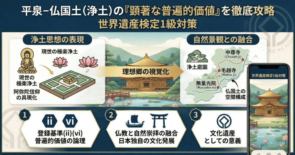 平泉の顕著な普遍的価値を解説する図解。浄土思想の再現、中尊寺金色堂、浄土庭園の構成、登録基準(ii)(vi)の論理構造。