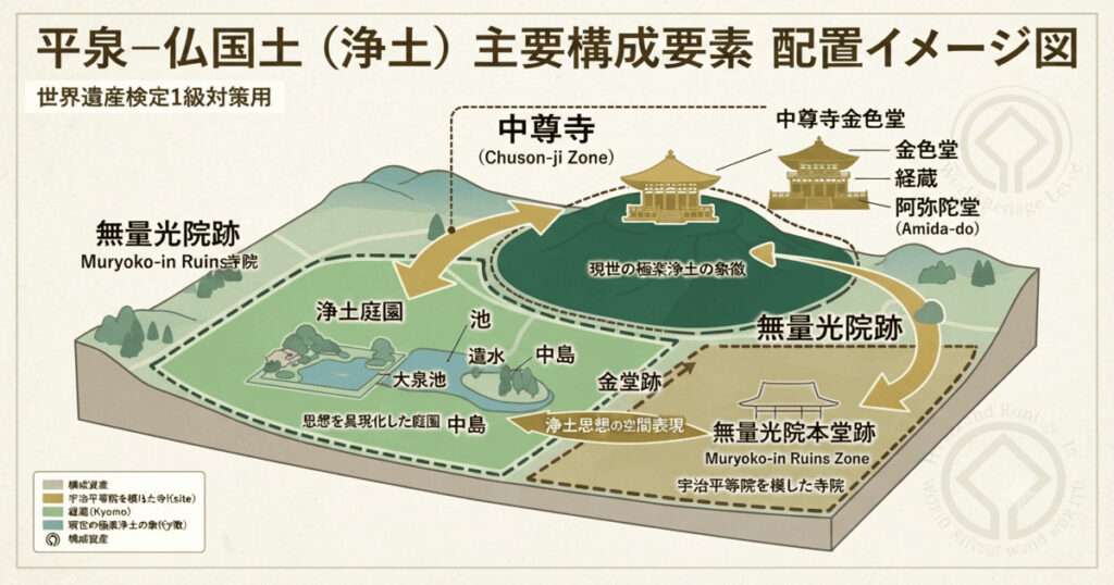 平泉の構成資産配置図。中尊寺、毛越寺、無量光院跡、及びそれらが持つ浄土的な空間構造を示した世界遺産検定対策用の図解。