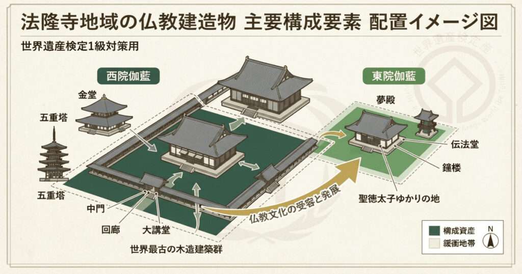 法隆寺の伽藍配置図。西院伽藍（金堂・五重塔）、東院伽藍（夢殿）の構造と、それぞれの歴史的意義を示した世界遺産検定対策用の図解。