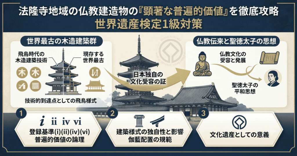 法隆寺地域の仏教建造物の顕著な普遍的価値を解説する図解。世界最古の木造建築群、エンタシス、聖徳太子の伝承、登録基準(i)(ii)(iv)(vi)の論理構造。