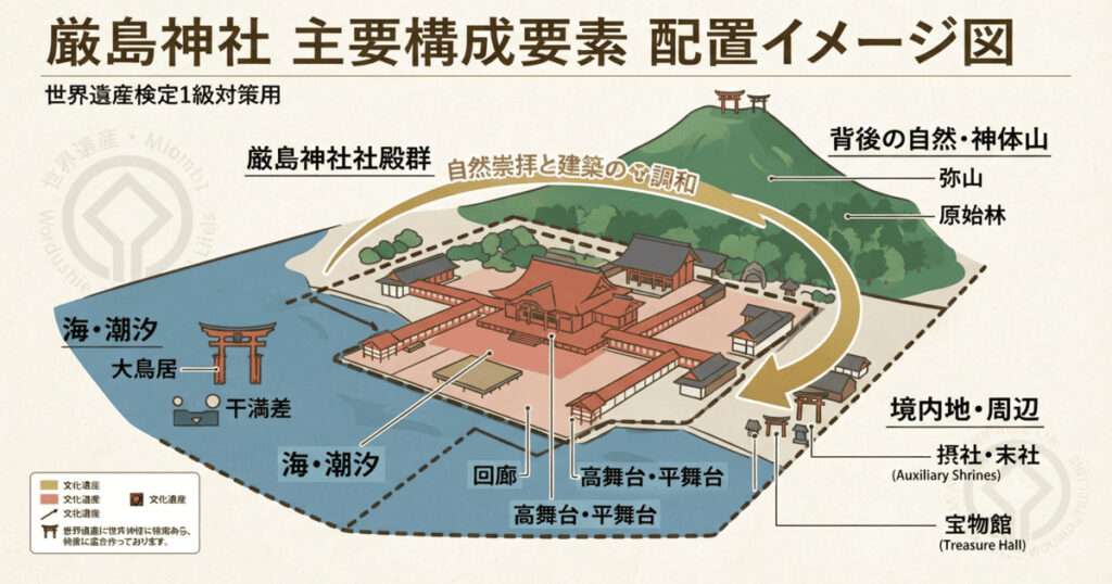 厳島神社の配置図。海上の社殿、大鳥居、背後の弥山、境内地を示した世界遺産検定対策用の図解。
