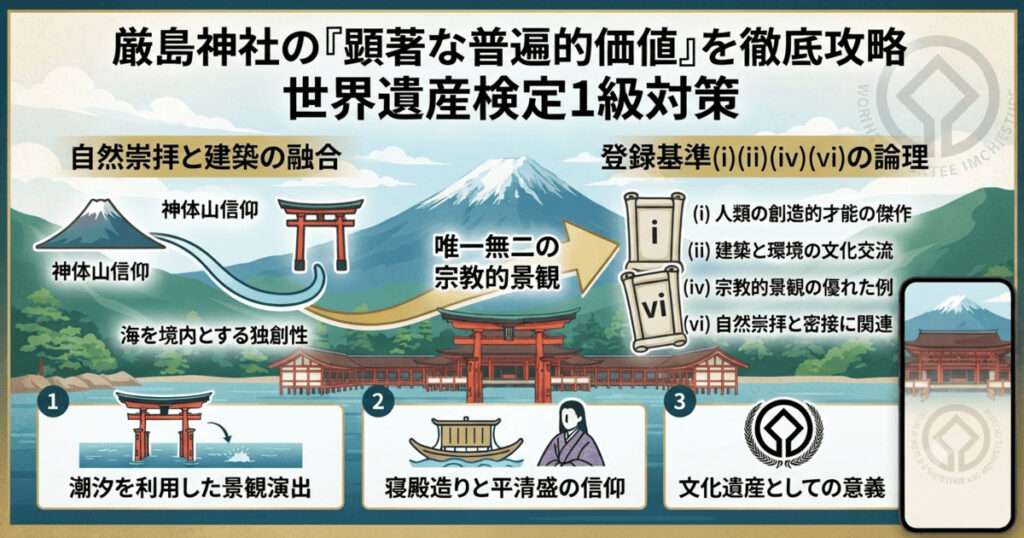 厳島神社の顕著な普遍的価値を解説する図解。海上の社殿、神体山（弥山）、登録基準(i)(ii)(iv)(vi)の論理構造。