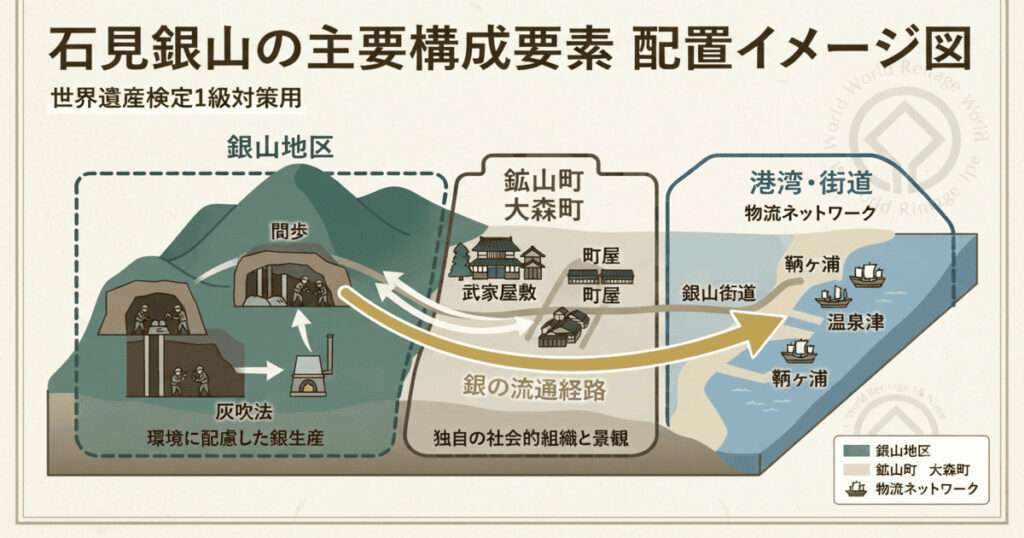 石見銀山の核心地域と緩衝地帯の配置図。銀山跡、大森町の町並み、銀山街道、港(鞆ヶ浦・温泉津)の位置関係を示した世界遺産検定対策用の図解。