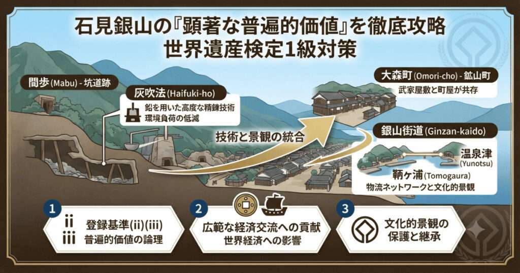 石見銀山の顕著な普遍的価値を解説する図解。灰吹法による銀生産、大森町の町並み、銀山街道、および登録基準(ii)(iii)の論理構造。