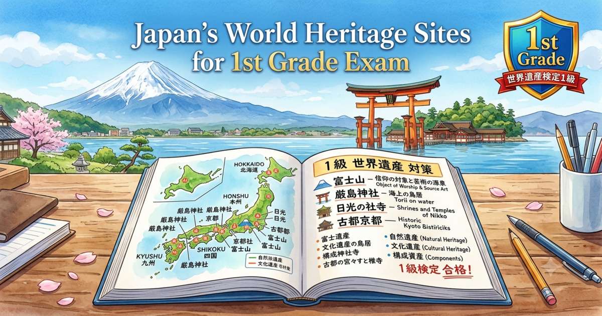 「富士山、厳島神社の鳥居、日本の世界遺産地図が開かれた机。世界遺産検定1級対策のテキストと筆記用具が置かれている。上部に『Japan's World Heritage Sites for 1st Grade Exam』のテキスト。」