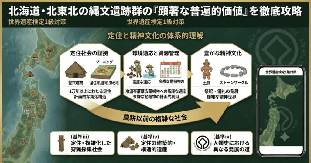 三内丸山遺跡の大規模集落と環状列石（ストーンサークル）、土偶、そして縄文社会の循環的資源管理をまとめた世界遺産検定1級対策用の図解。