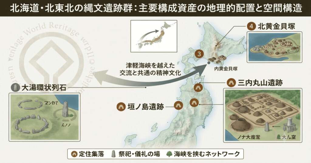北海道・北東北の縄文遺跡群の17資産の広域分布図、環境適応（季節資源利用）、定住集落の構造（居住・墓・祭祀）、そして精神文化（土偶・ストーンサークル）を体系的にまとめた世界遺産検定1級対策用の図解。