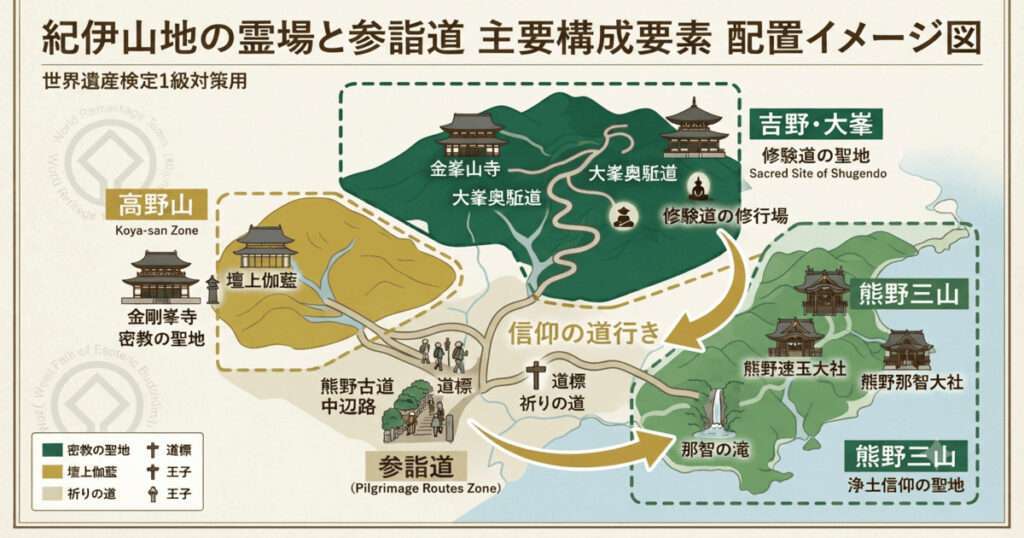紀伊山地の霊場と参詣道の配置図。吉野・大峯、熊野三山、高野山の位置と、それらを結ぶ熊野古道（参詣道）のルート図。
