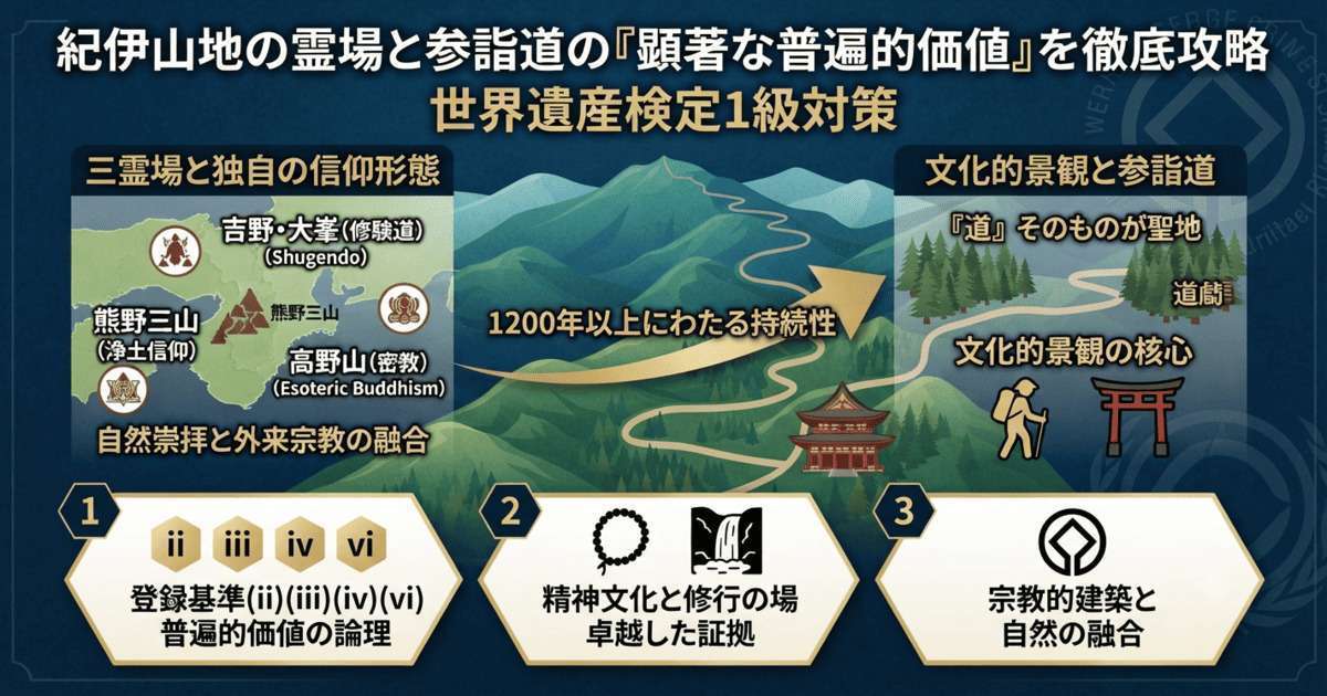紀伊山地の霊場と参詣道の顕著な普遍的価値を解説する図解。三霊場（吉野大峯・熊野・高野山）の配置、修験道と密教、登録基準(ii)(iii)(iv)(vi)の論理構造。
