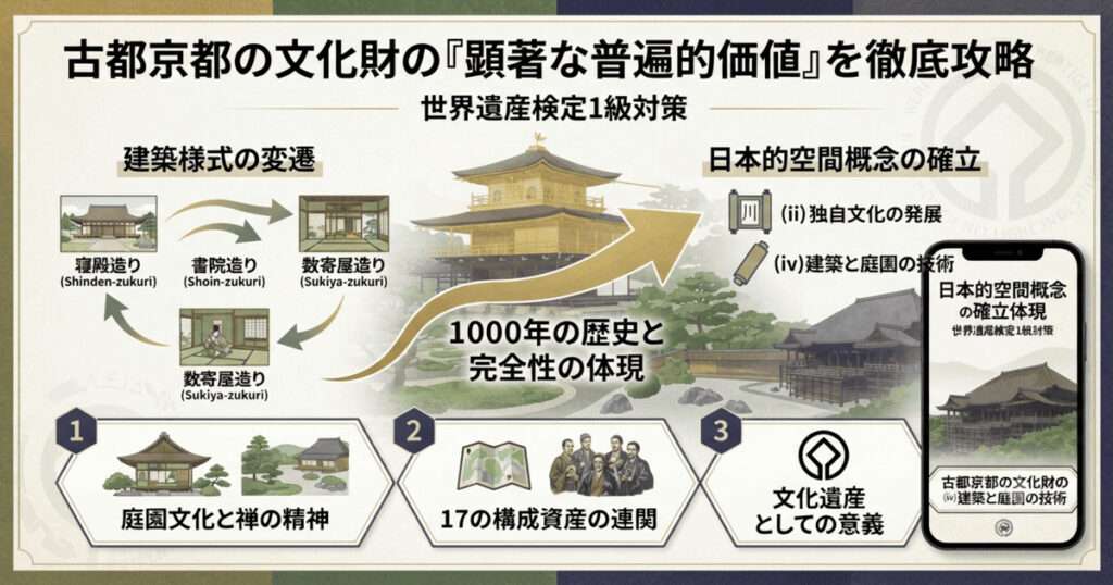 平安京から江戸時代に至る建築様式（寝殿造・書院造・数寄屋造）の変遷と、17の構成資産が織りなす「古都京都の文化財」の顕著な普遍的価値をまとめた世界遺産検定1級対策用図解。