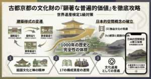 平安京から江戸時代に至る建築様式（寝殿造・書院造・数寄屋造）の変遷と、17の構成資産が織りなす「古都京都の文化財」の顕著な普遍的価値をまとめた世界遺産検定1級対策用図解。