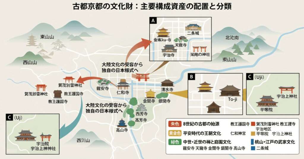 京都盆地における17の構成資産（金閣寺、清水寺、二条城、延暦寺など）の地理的配置と、時代・様式による分類（8世紀の始源、平安文化、禅と庭園、武家文化）をまとめた世界遺産検定1級対策用イラストマップ。
