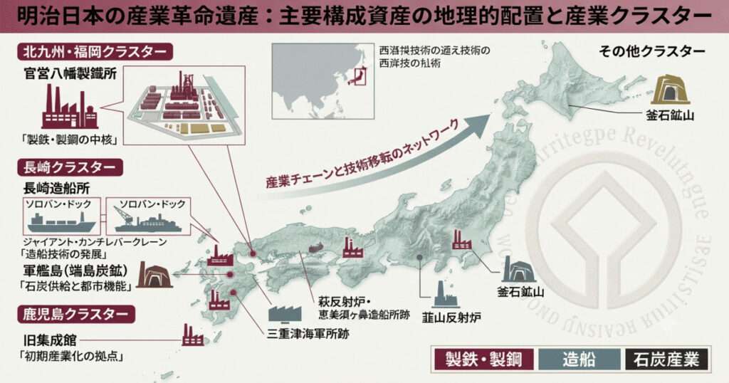 八幡製鐵所や軍艦島、反射炉といった明治日本の産業革命遺産の代表的遺構と、重工業産業チェーン（石炭・製鉄・造船）の構築プロセスをまとめた世界遺産検定1級対策用の図解。