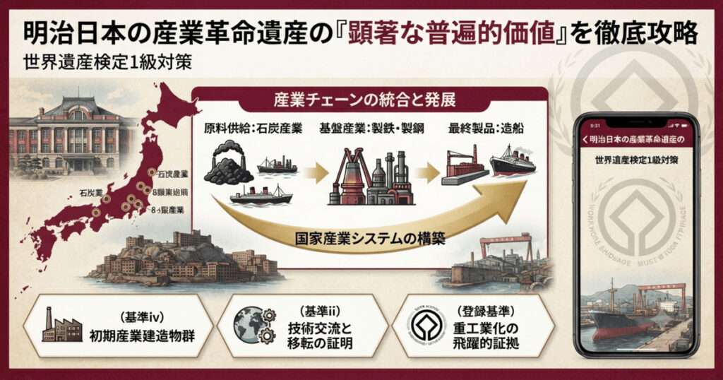 八幡製鐵所や軍艦島、反射炉といった明治日本の産業革命遺産の代表的遺構と、重工業産業チェーンの構築プロセスをまとめた世界遺産検定1級対策用の図解。