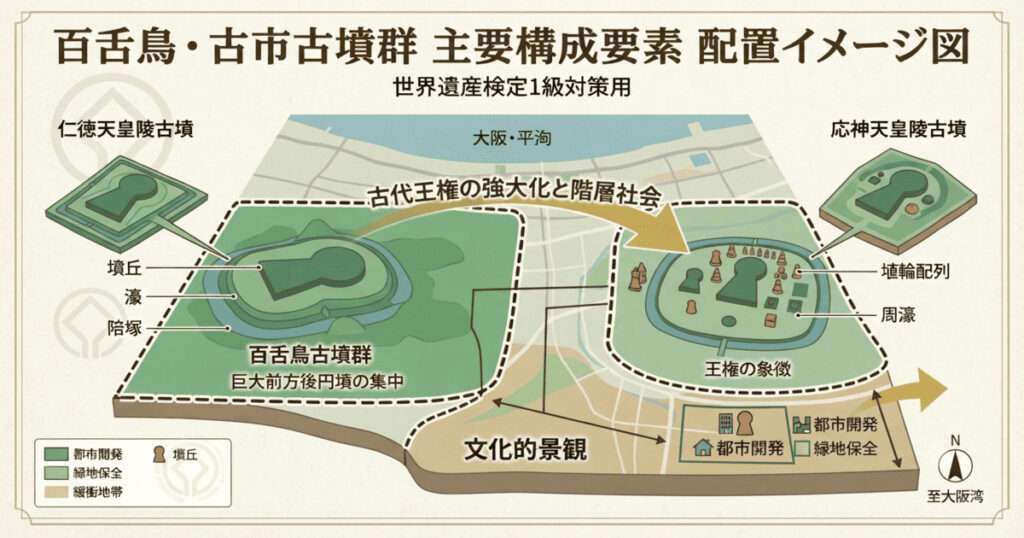 百舌鳥古墳群と古市古墳群の分布図。前方後円墳、帆立貝形古墳などの形状分類、および仁徳天皇陵古墳・応神天皇陵古墳の位置関係を示した世界遺産検定対策用の図解。