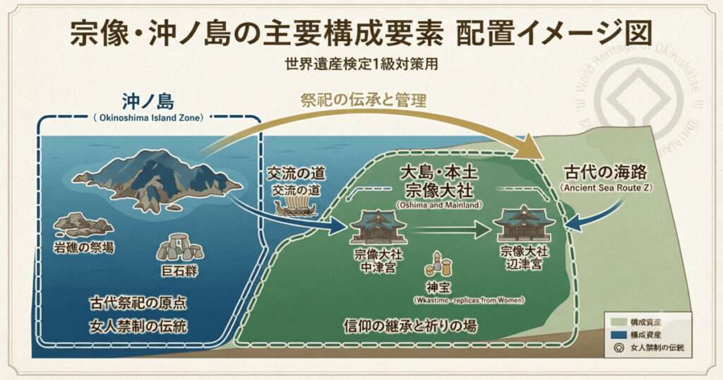 宗像・沖ノ島と関連遺産群の配置図。沖ノ島、宗像大社の辺津宮・中津宮、及び祭祀の伝承経路を示した世界遺産検定対策用の図解。