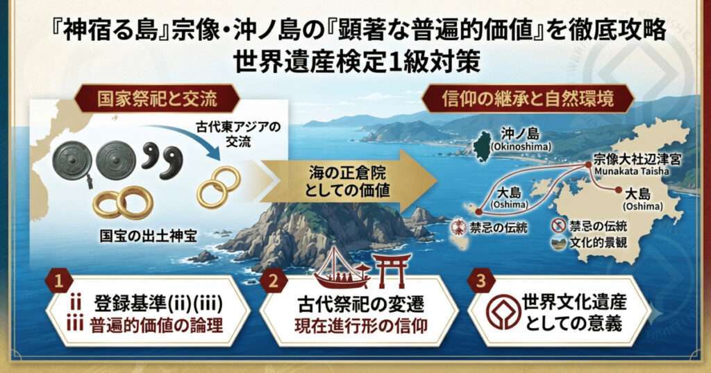 宗像・沖ノ島の顕著な普遍的価値を解説する図解。国家祭祀、神宝、禁忌の伝統、登録基準(ii)(iii)の論理構造。