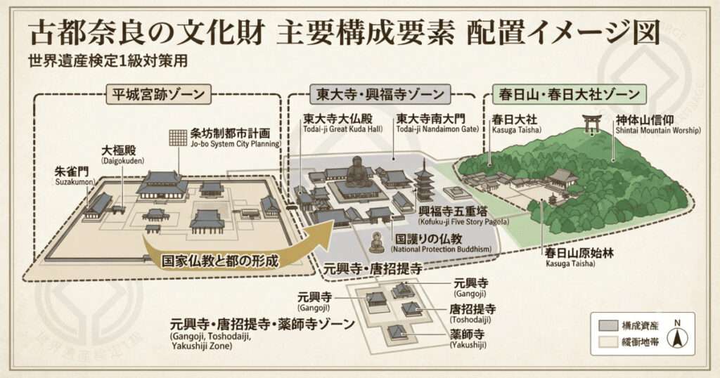 奈良市の広域配置図。平城宮跡（朱雀門・大極殿）、東大寺、春日大社、興福寺、元興寺、唐招提寺、薬師寺、春日山原始林の位置関係と、国家仏教による都の形成過程を示した世界遺産検定対策用の図解。