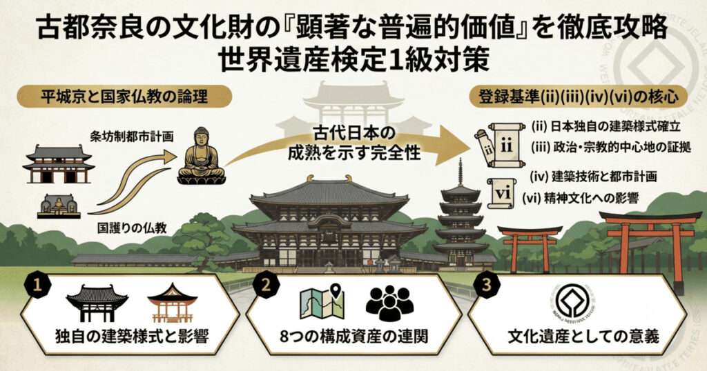 8世紀の古代都市平城京と、国家仏教の象徴である東大寺、春日大社、8つの構成資産の位置関係をまとめた世界遺産検定1級対策用の図解イメージ。