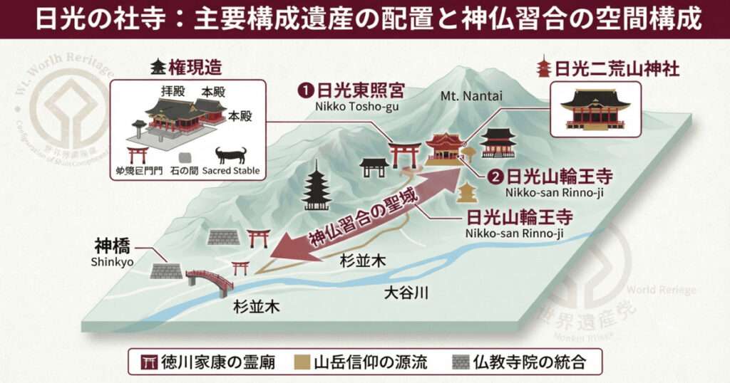 日光東照宮、日光二荒山神社、日光山輪王寺の3つの主要構成資産の地理的配置と、それらが一体となって形成する「神仏習合の聖域」としての空間構成をまとめた世界遺産検定1級対策用イラストマップ。