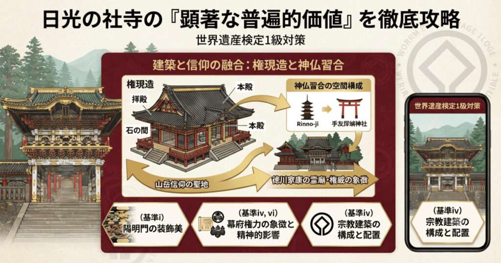 世界遺産「日光の社寺」は、単一の施設ではなく、東照宮、二荒山神社、輪王寺という、もともとは異なる信仰形態を持つ社寺が、江戸時代に一つの宗教空間として統合されたものです。この地図は、それぞれの資産がどのように隣接し、杉並木や神橋といった周辺環境を含めて、いかに「神仏習合」の思想を空間的に表現しているかを視覚的に整理したものです。検定1級では、各資産の所在地と、それが果たす役割（霊廟・信仰源流・統合寺院）をリンクさせて覚えることが重要です。