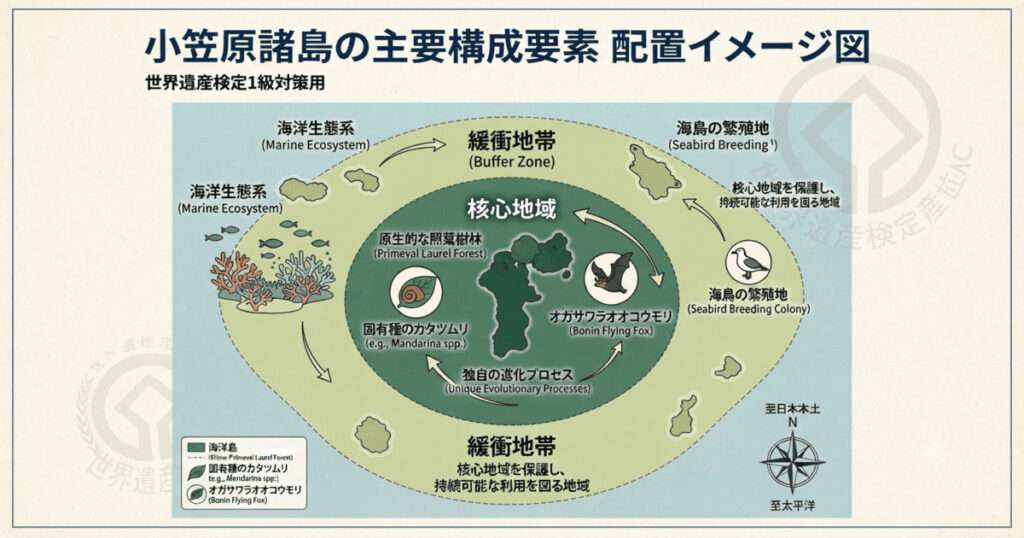 小笠原諸島の構成要素配置図。大陸から離れた海洋島という立地、適応放散を示す固有種の分化プロセス、各島の隔離状態、および保護管理区域(外来種対策)。