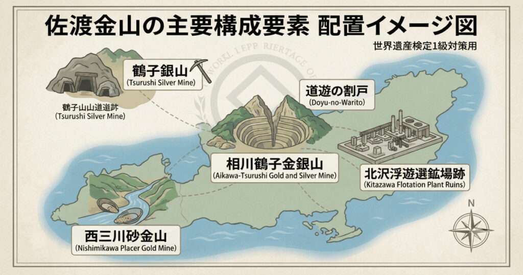 「佐渡金山の主要な構成要素の配置図。佐渡島内に、鶴子銀山、相川鶴子金銀山(道遊の割戸)、西三川砂金山、北沢浮遊選鉱場跡が点在する様子を示した世界遺産検定対策用の地図。」