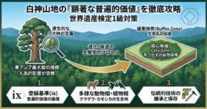 白神山地の顕著な普遍的価値と世界遺産検定1級対策の解説図。原生的なブナ林、東アジア最大級の規模、核心地域と緩衝地帯の構造、および登録基準(ix)を図解。