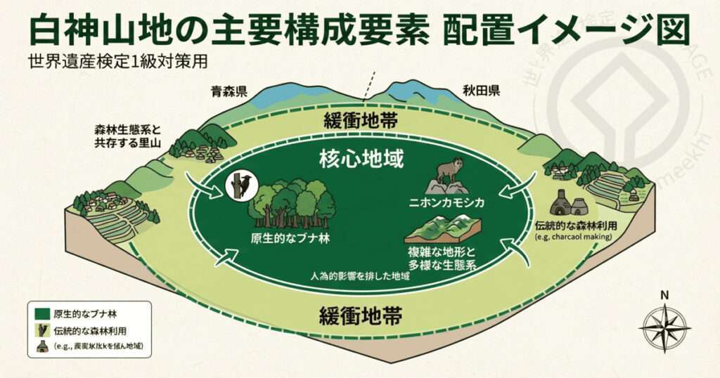 白神山地の核心地域と緩衝地帯の配置図。原生的なブナ林、クマゲラ、ニホンカモシカ、複雑な地形、伝統的森林利用の位置関係を示した世界遺産検定対策用の図解。