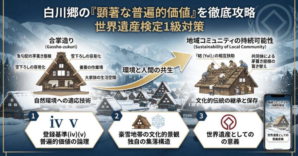 白川郷・五箇山の顕著な普遍的価値を解説する図解。合掌造りの構造、豪雪への適応、コミュニティの「結」、登録基準(iv)(v)の論理構造。